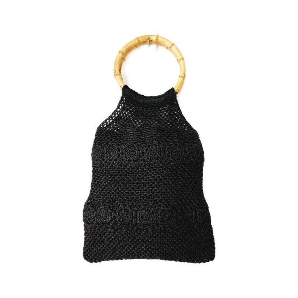Women's Black Crochet Tote With Wooden Handles